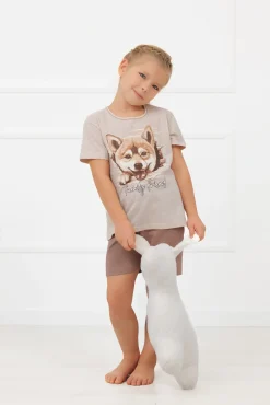 Piżama dziewczęca krótki rękaw, krótkie spodnie Shiba